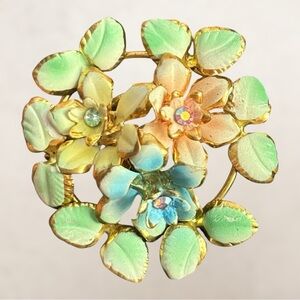 Austria Enamel Floral Brooch with‎ Aurora Borealis Rhinestones – Signed – 1950s